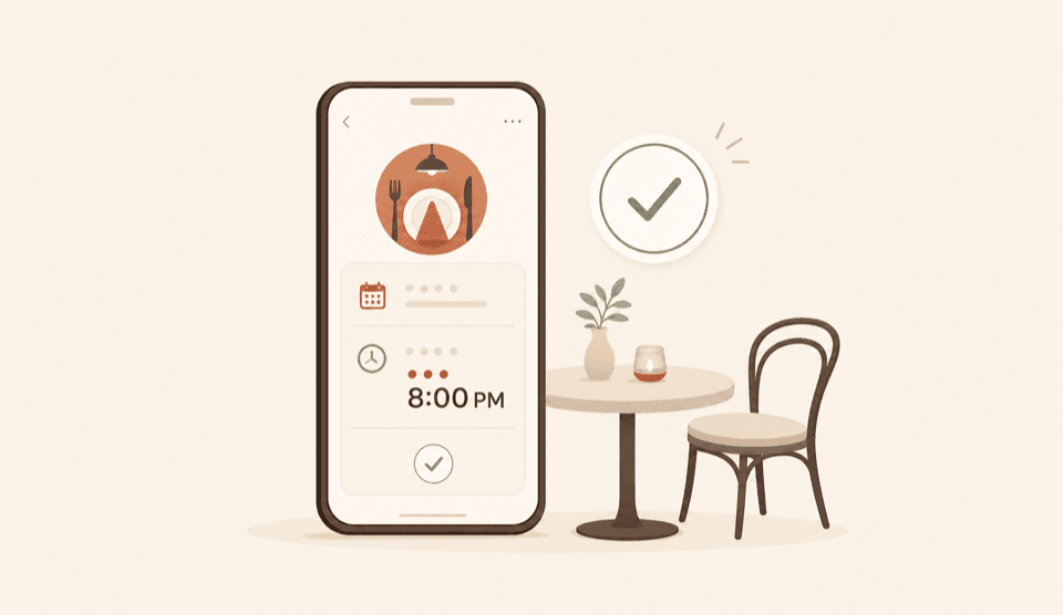 Reservation confirmation on phone beside cafe table