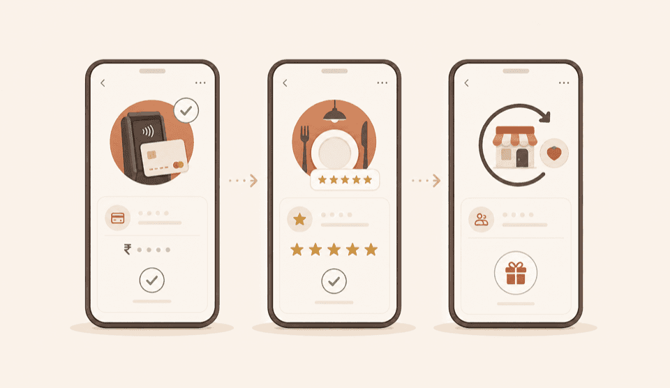Payment, review, and return guest flow across three mobile screens