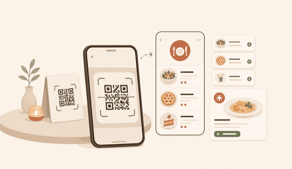 Phone scanning QR code and opening live menu with upsell cards