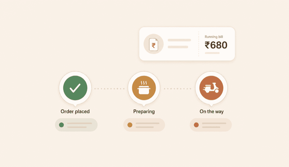Live order tracking states with running bill card